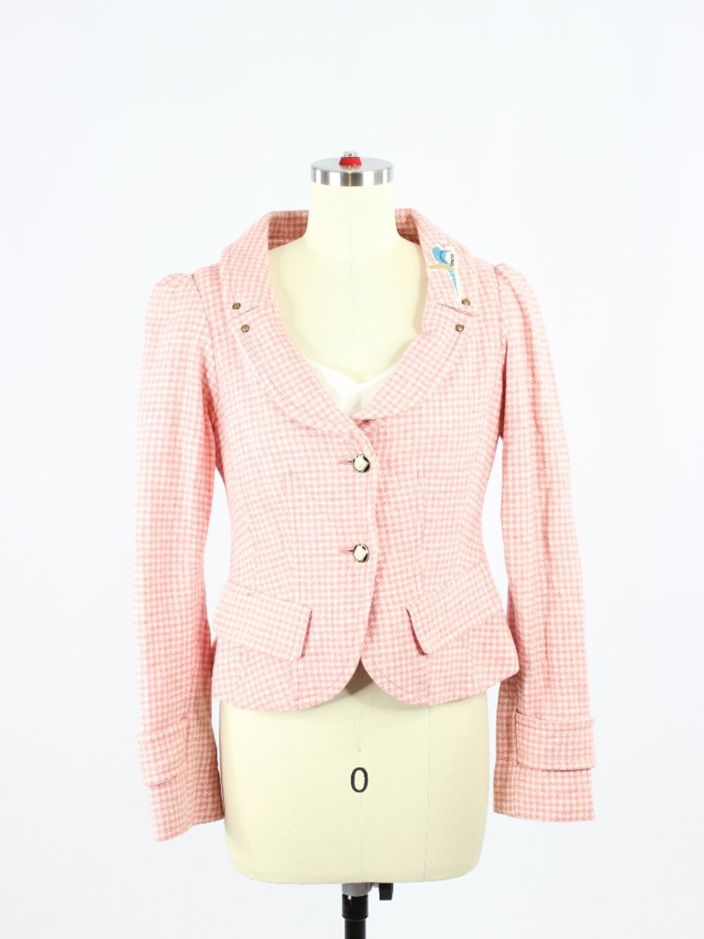 Vintage 00's FORNARINA Pink Houndstooth Wool Tweed Y2K Blazer Jacket, Size XS